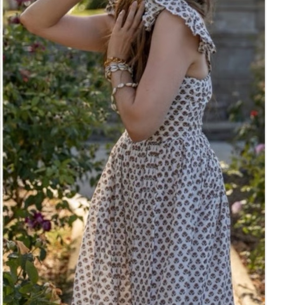 Floral Ruffle Strap Midi Dress - White and Brown